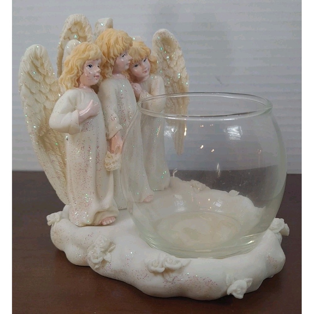 Ganz Trio Porcelain‎ Angel Figurine with Glass Bowl Candle Holder 4.5" Tall 4" W
